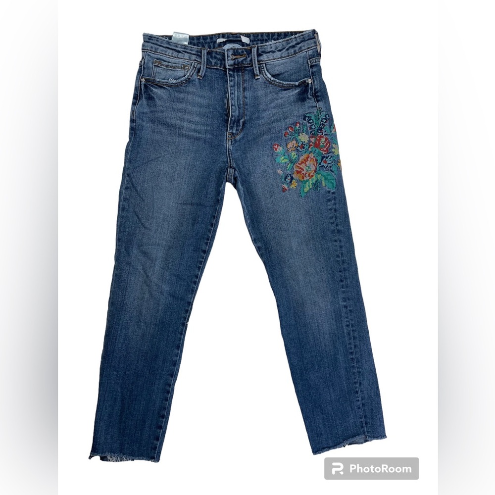 Sam Edelman Mary Jane Embroidered Floral Blue Denim Crop Size 27 EUC